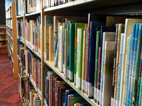 a side view of an aisle of books in a library
